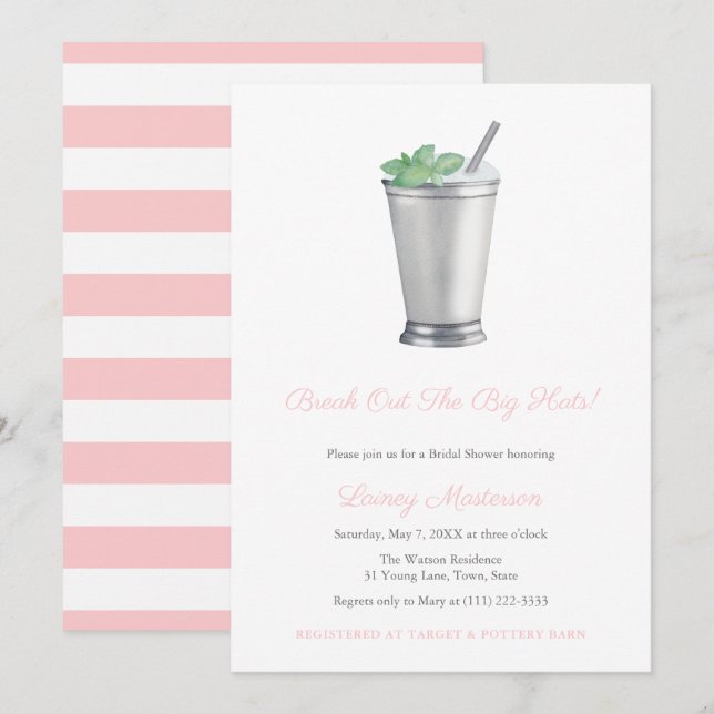 Big Hats Pink White Mint Julep Derby Bridal Shower Invitation (Front/Back)