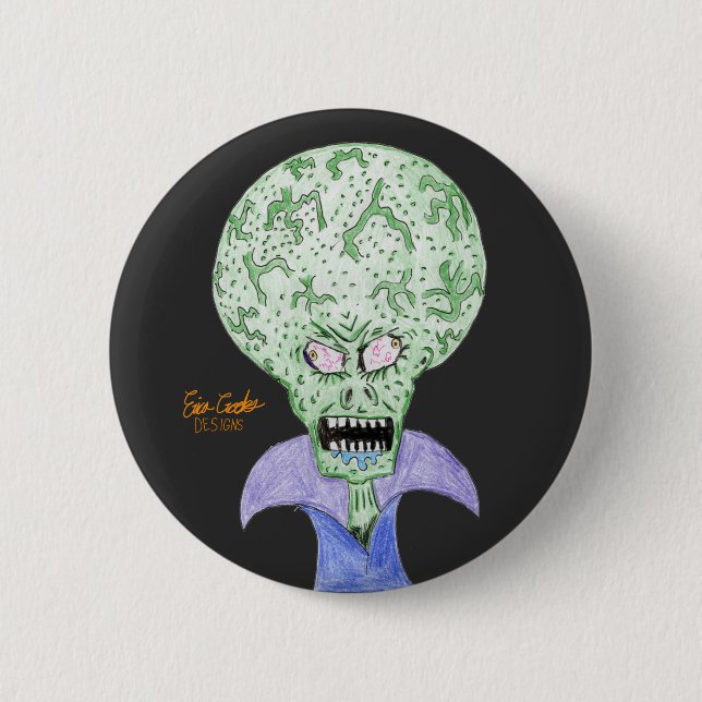Big head alien sci-fi cartoon button (Front)