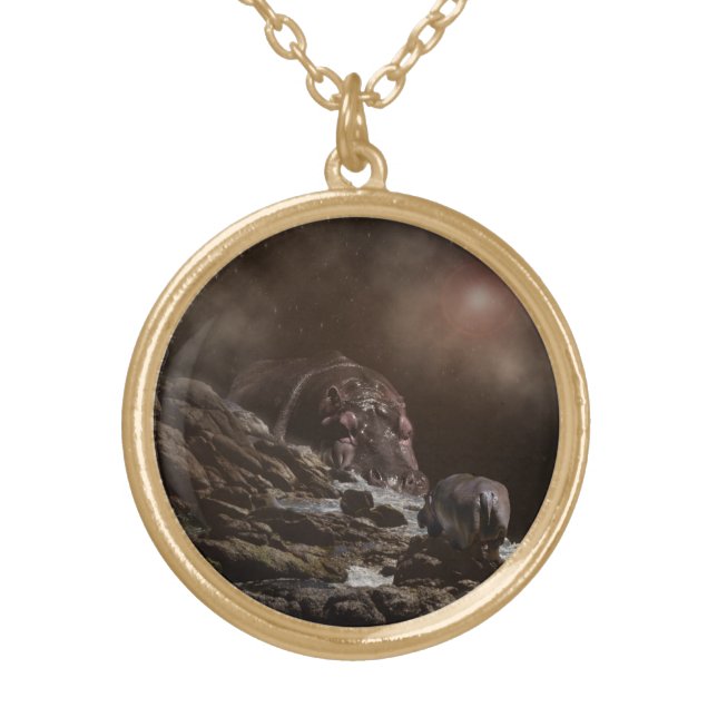 **"Big Heart, Tiny Love: A Giant Hippo’s Affection Gold Plated Necklace (Front)