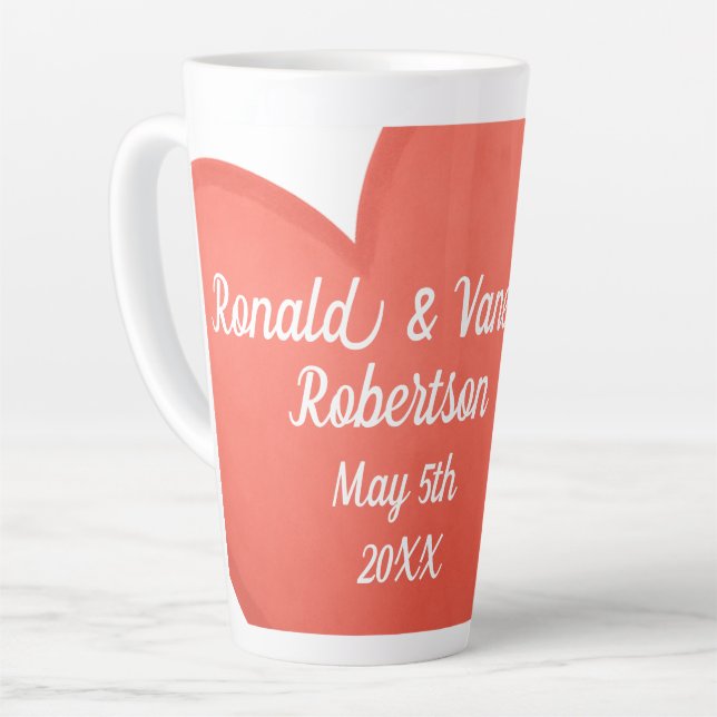Big Hearts Couples Names and Wedding Date Latte Mug (Left Angle)
