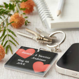 Big Hearts Couples Names/Wedding Date Keychain