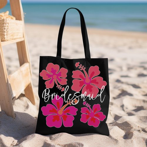 Big Hibiscus Flowers Black Bridesmaid Tote Bag