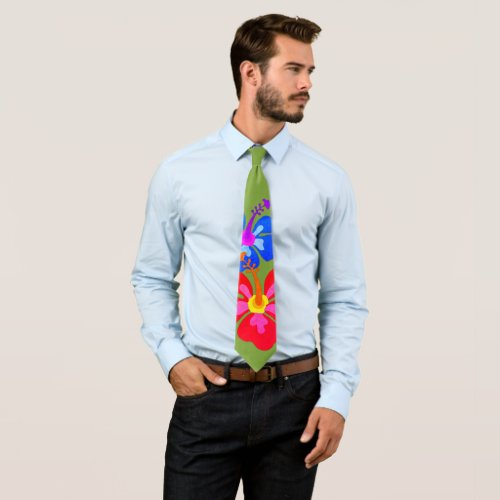 Big Hibiscus Illustrated Tropical Green Neck Tie