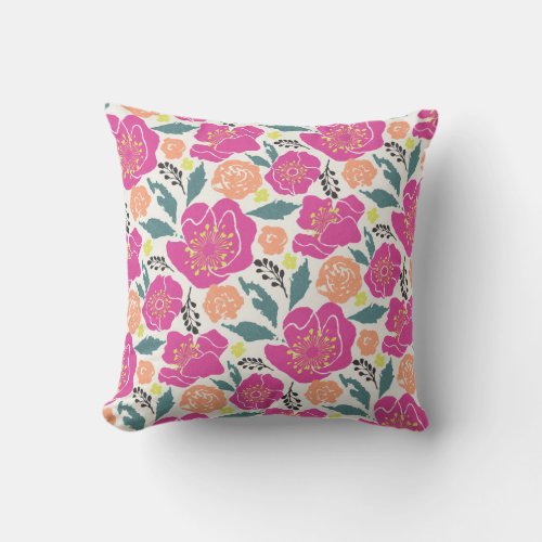 Big Hot Pink and Peach Flowers Outdoor Pillow