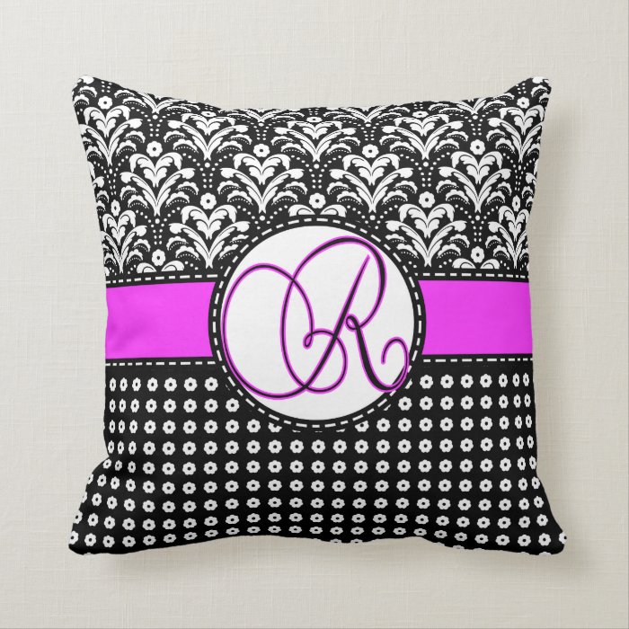 Big Hot Pink Monogram R Damask Throw Pillow