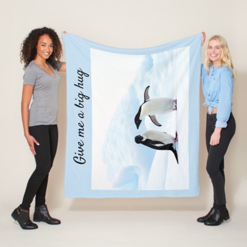 Big hug Penguin on ice photo with text Fleece Blanket