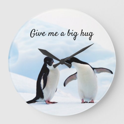 Big hug Penguin on ice photo with text Large Clock