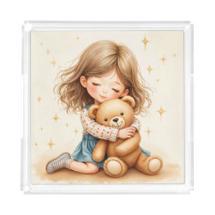 Big Hugs - Cute Girl Hugging Teddy Bear Acrylic Tray
