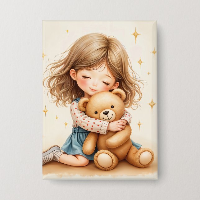 Big Hugs - Cute Girl Hugging Teddy Bear Button (Front)