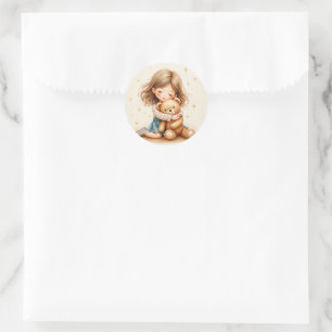 Big Hugs - Cute Girl Hugging Teddy Bear Classic Round Sticker