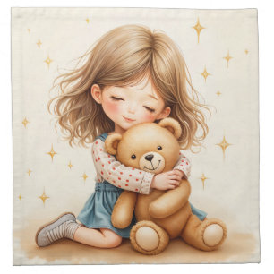 Big Hugs - Cute Girl Hugging Teddy Bear Cloth Napkin