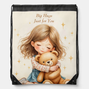 Big Hugs Cute Girl Hugging Teddy Bear Drawstring Bag