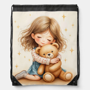 Big Hugs - Cute Girl Hugging Teddy Bear Drawstring Bag