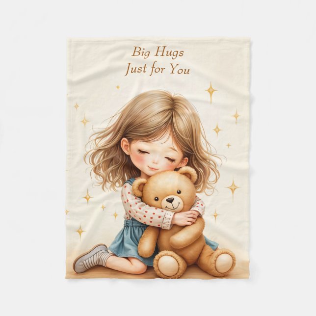 Big Hugs Cute Girl Hugging Teddy Bear  Fleece Blanket (Front)