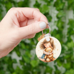 Big Hugs - Cute Girl Hugging Teddy Bear Keychain