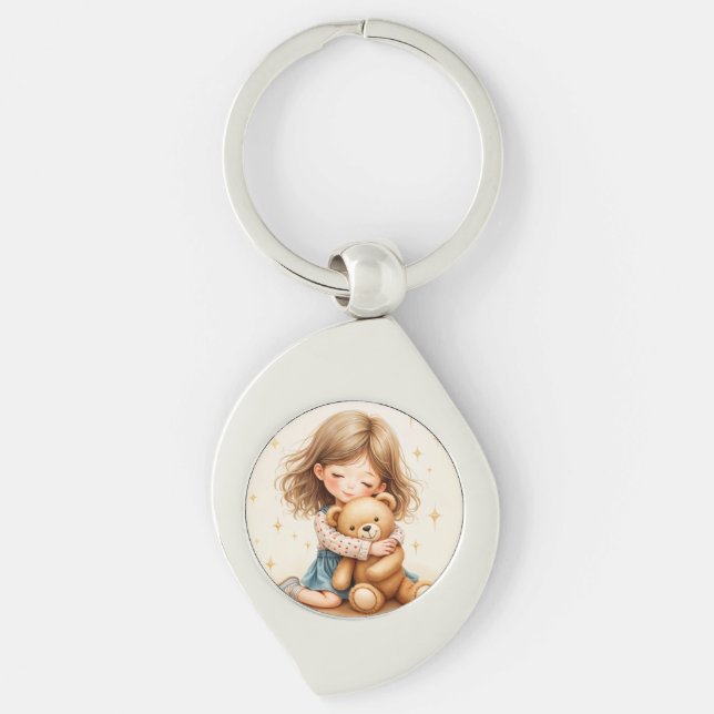 Big Hugs - Cute Girl Hugging Teddy Bear Keychain (Front)