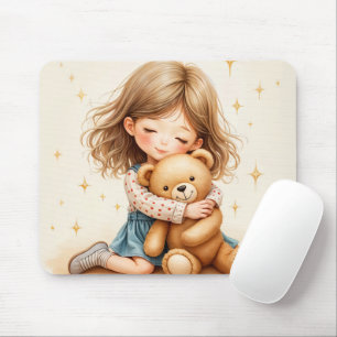 Big Hugs - Cute Girl Hugging Teddy Bear Mouse Pad