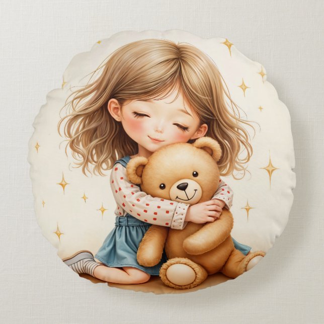 Big Hugs Cute Girl Hugging Teddy Bear Paper Sheet Round Pillow (Front)