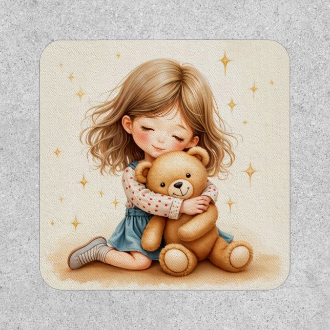 Big Hugs - Cute Girl Hugging Teddy Bear Patch (Front)