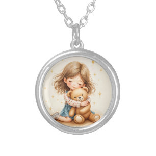 Big Hugs - Cute Girl Hugging Teddy Bear Silver Plated Necklace