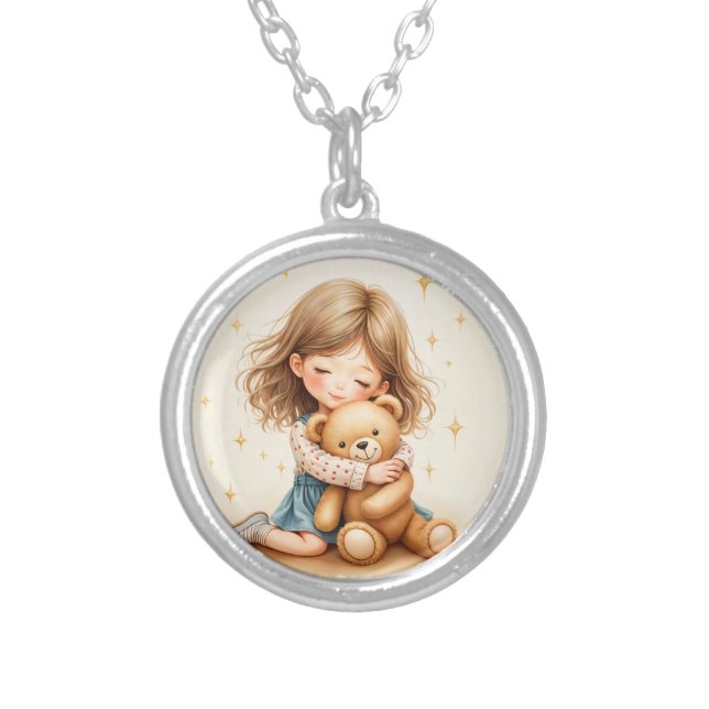 Big Hugs - Cute Girl Hugging Teddy Bear Silver Plated Necklace (Front)