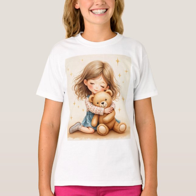 Big Hugs - Cute Girl Hugging Teddy Bear T-Shirt (Front)