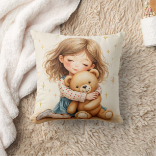Big Hugs Cute Girl Hugging Teddy Bear Throw Pillow