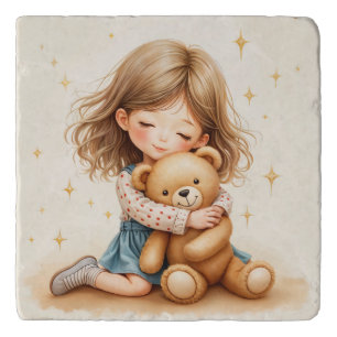 Big Hugs - Cute Girl Hugging Teddy Bear Trivet