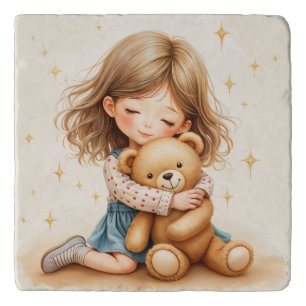 Big Hugs - Cute Girl Hugging Teddy Bear Trivet