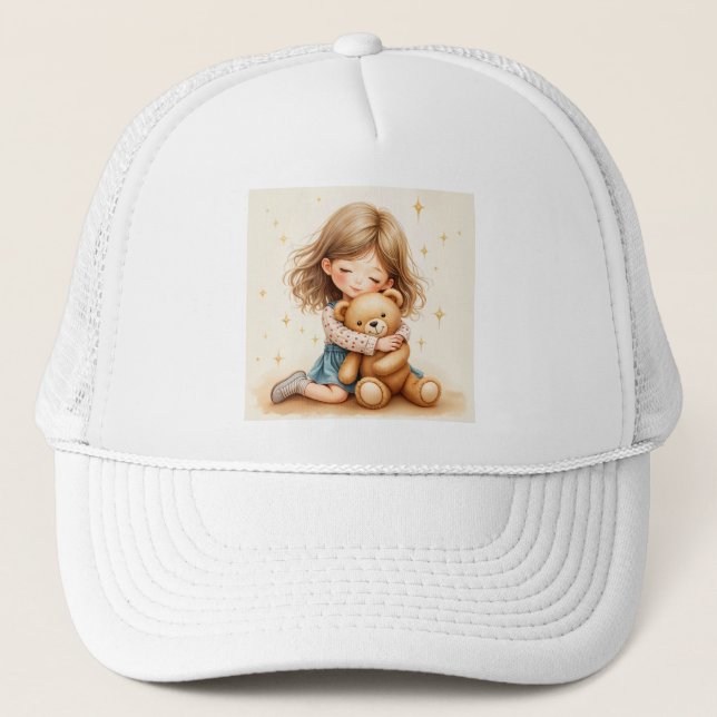 Big Hugs - Cute Girl Hugging Teddy Bear Trucker Hat (Front)