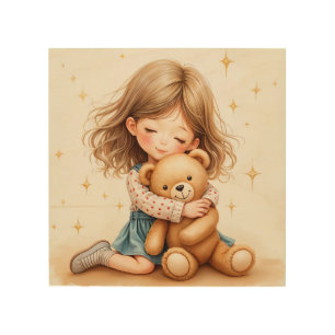 Big Hugs Cute Girl Hugging Teddy Bear Wood Wall Art