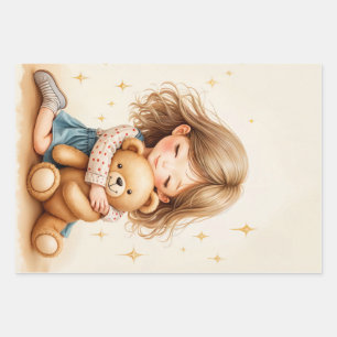 Big Hugs - Cute Girl Hugging Teddy Bear Wrapping Paper Sheets