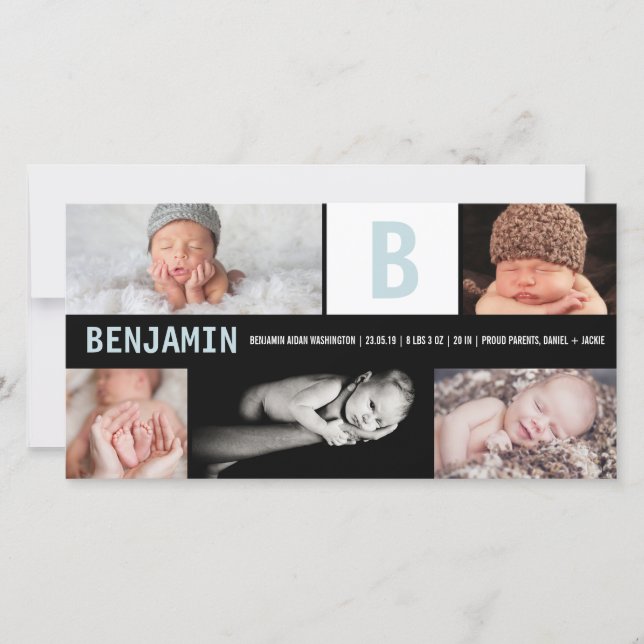 Big Initial Blue Baby Boy Monogram 5 Photo Birth Announcement (Front)