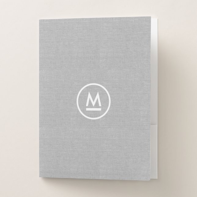 Big Initial Modern Monogram on Gray Linen Pocket Folder (Front)