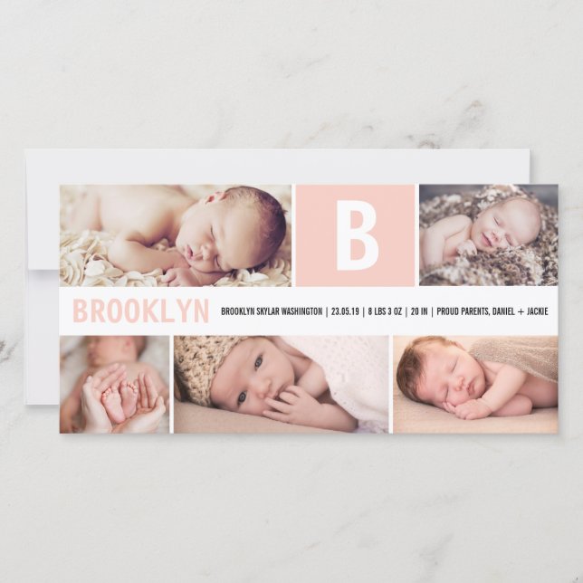 Big Initial Pink Baby Monogram 5 Multi Photo Birth Announcement (Front)