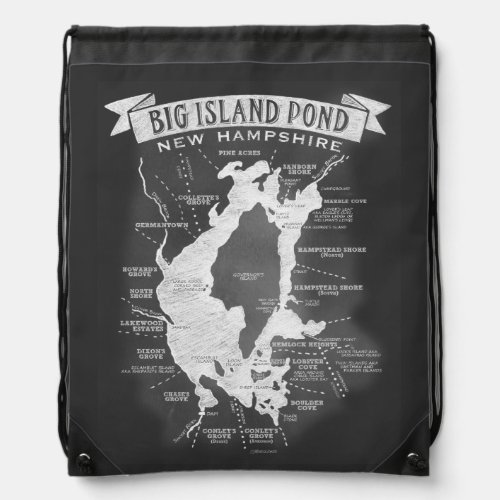 Big Island Pond Chalkboard Vintage Style Map Drawstring Bag