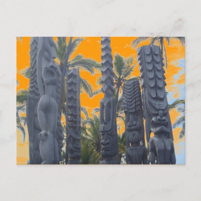 Big Island tiki statues tropical sunset postcard (Front)