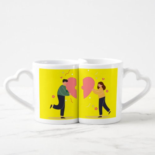 Big isolated cartoon of young girl and boy in love coffee mug set