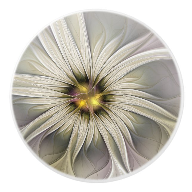 Big Ivory Flower, Abstract Modern Fractal Art Ceramic Knob (Front)