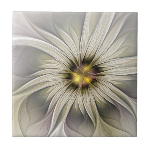 Big Ivory Flower Abstract Modern Fractal Art Ceramic Tile