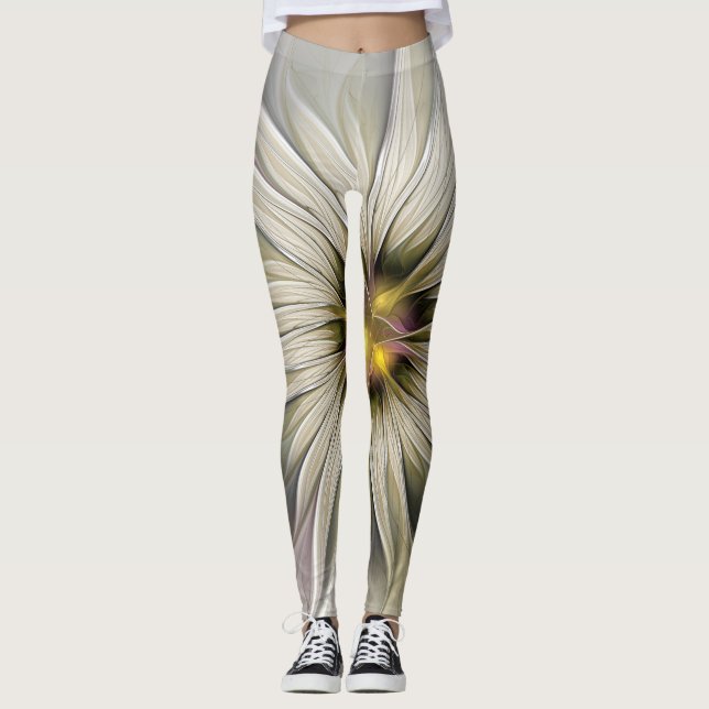 Big Ivory Flower, Abstract Modern Fractal Art Leggings (Front)