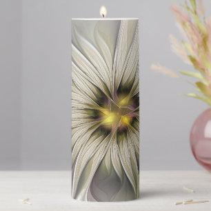 Big Ivory Flower, Abstract Modern Fractal Art Pillar Candle