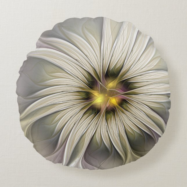 Big Ivory Flower, Abstract Modern Fractal Art Round Pillow (Front)