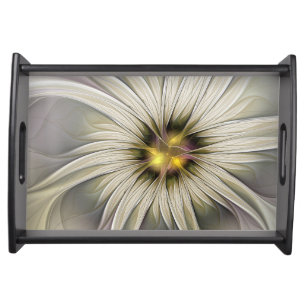 Big Ivory Flower, Abstract Modern Fractal Art Serving Tray