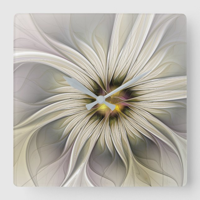 Big Ivory Flower, Abstract Modern Fractal Art Square Wall Clock (Front)