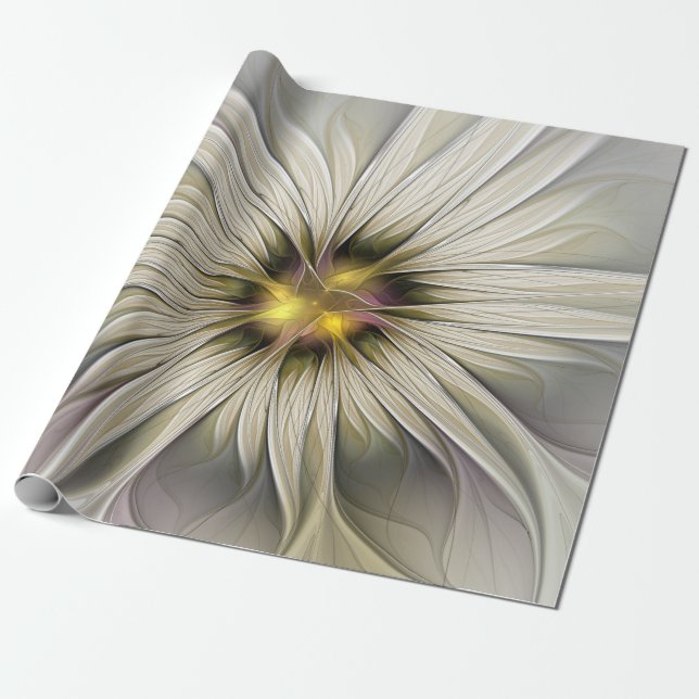 Big Ivory Flower, Abstract Modern Fractal Art Wrapping Paper (Unrolled)