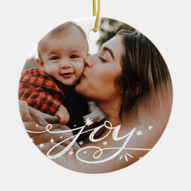 Big Joy Hand Lettered Holiday Photo Ceramic Ornament (Front)