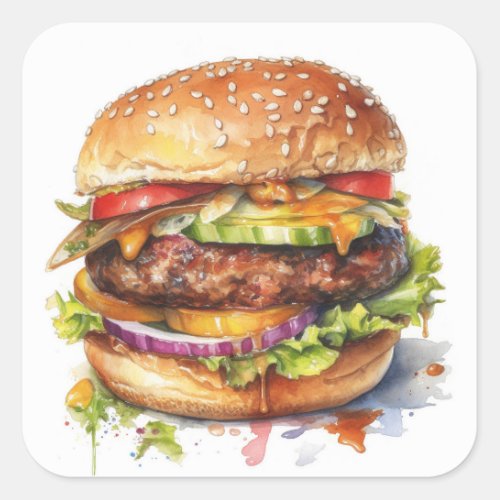 big juicy hamburger _ watercolor   square sticker