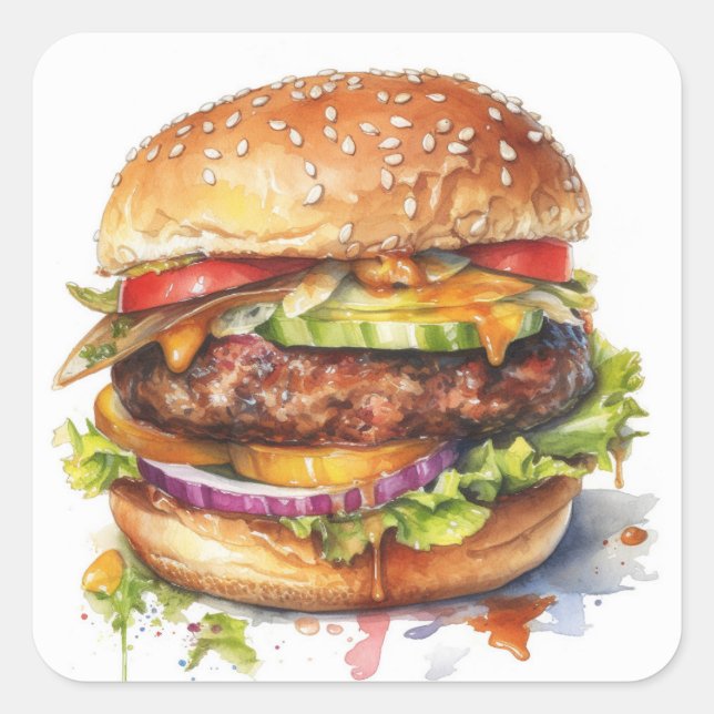 big juicy hamburger - watercolor   square sticker (Front)