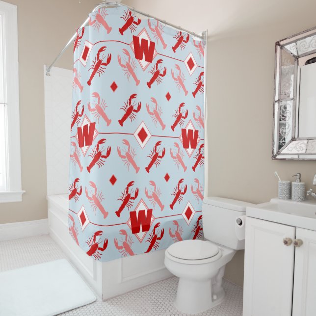 Big Lobster & Red Monogram | Coastal Beach House Shower Curtain (In Situ)